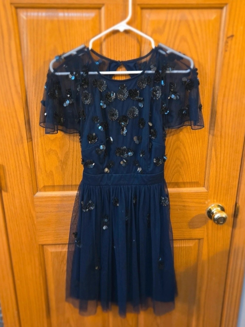 Gianni Bini Navy Blue Sequin Appliqué Tulle Mini Dress